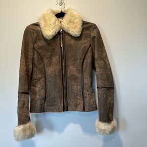 Express genuine leather jacket, faux fur on collar, cuffs, & lining, excel condi